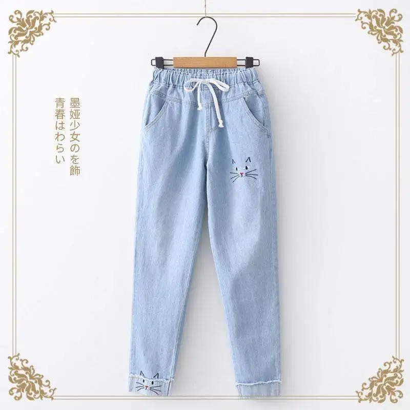 Женские джинсы с вышивкой кошки темно-светильник ние эластичные брюки из денима