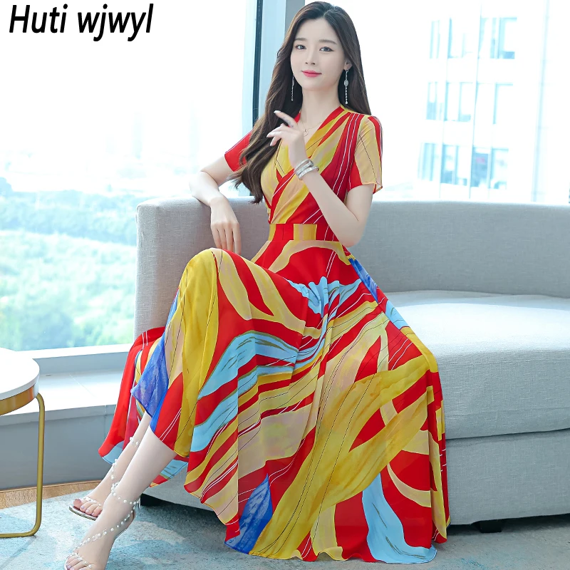 

Женское шифоновое платье-макси с принтом, Элегантное повседневное облегающее платье средней длины в винтажном стиле для отпуска, лето 2023