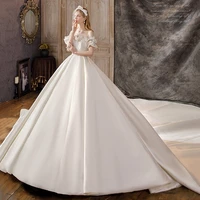 2022 gorgeous wedding dress with trail beading satin illusion a line o neck applique pleat ruffle tempermant princess bride gown