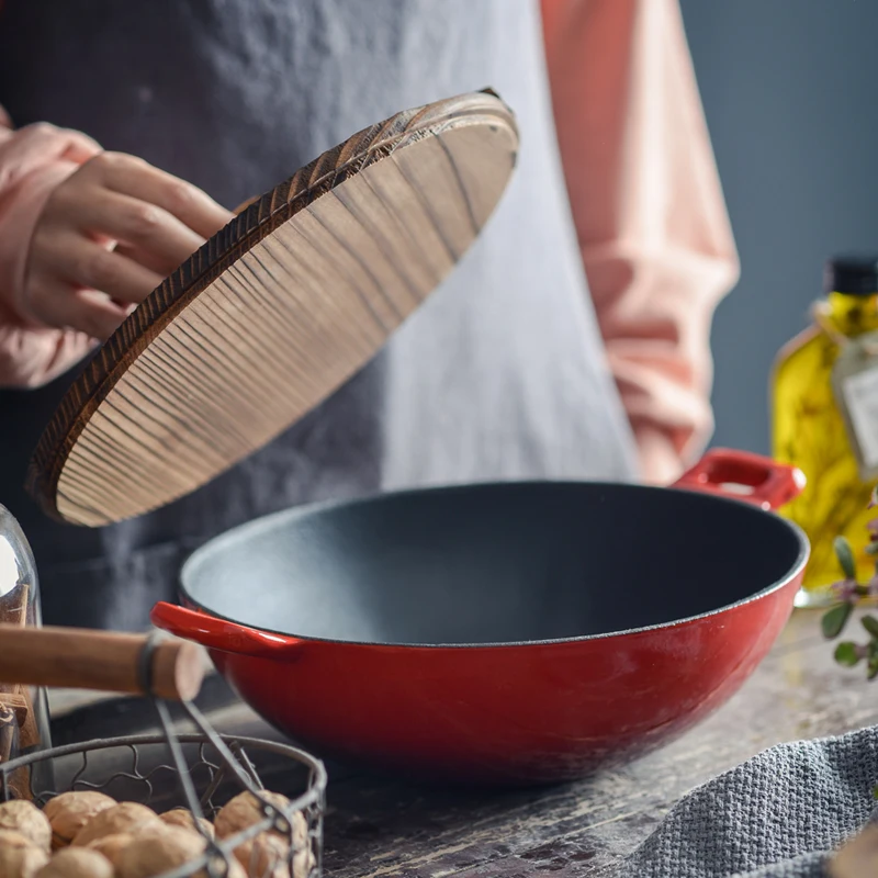 

Wooden Handle Pan Wok Chinese Handmade Frying Cast Iron Woks Non Stick Cooking Sarten Antiadherentes Kitchen Utensils OC50ZG