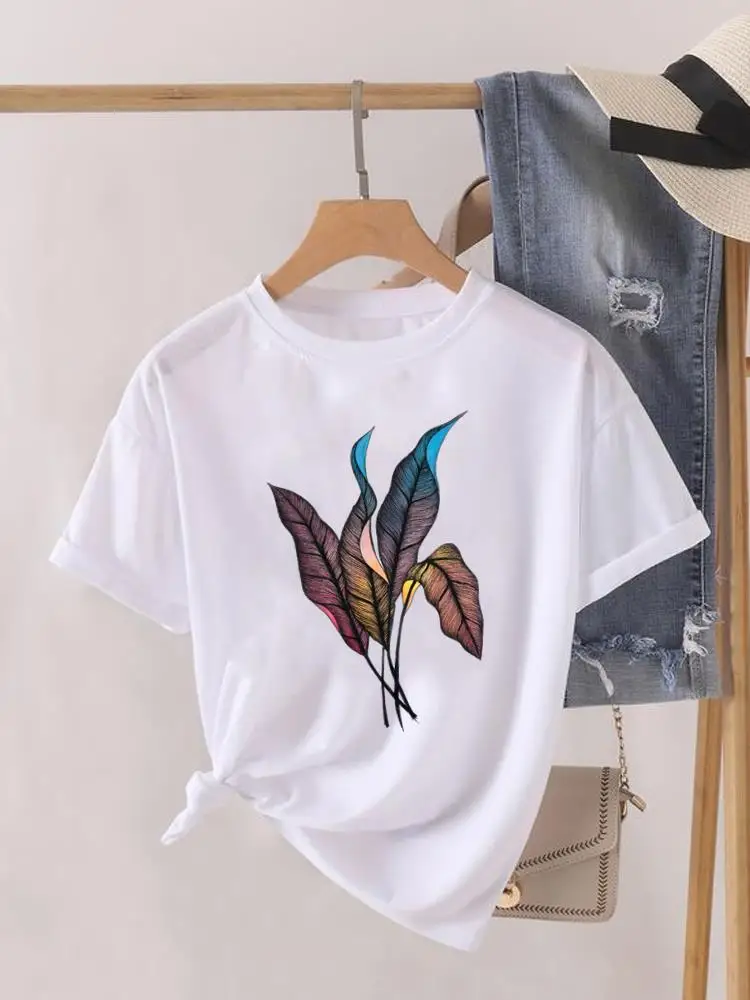 

Женская одежда, футболка с графическим принтом и круглым вырезом, Модный милый трендовый женский топ с принтом растений, женская футболка с коротким рукавом, футболка
