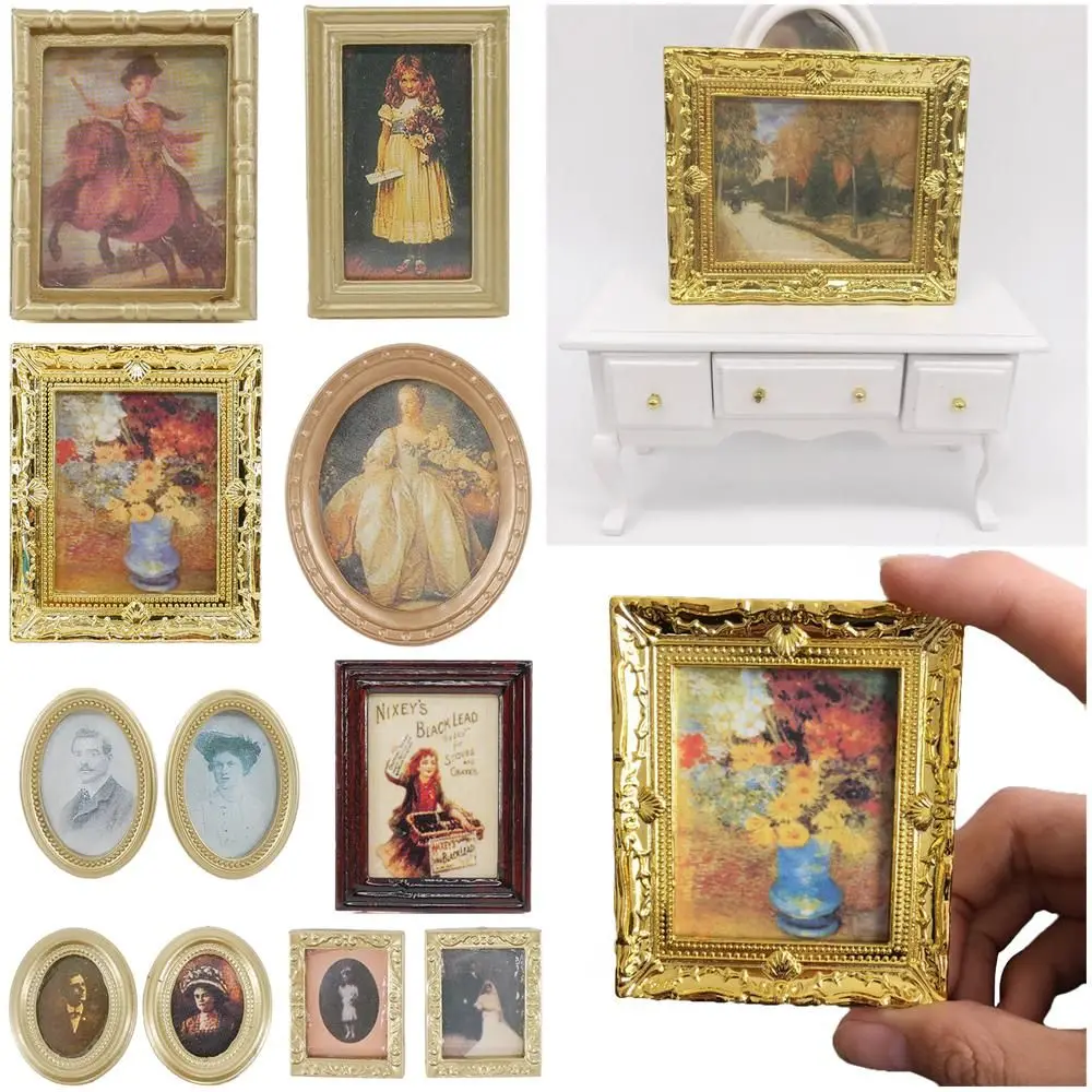 

1:12 Scale Vintage Framed Photos Dollhouse Ornament Resin Craft Miniature Oil Painting Mini Picture Doll Accessories Kids Toys