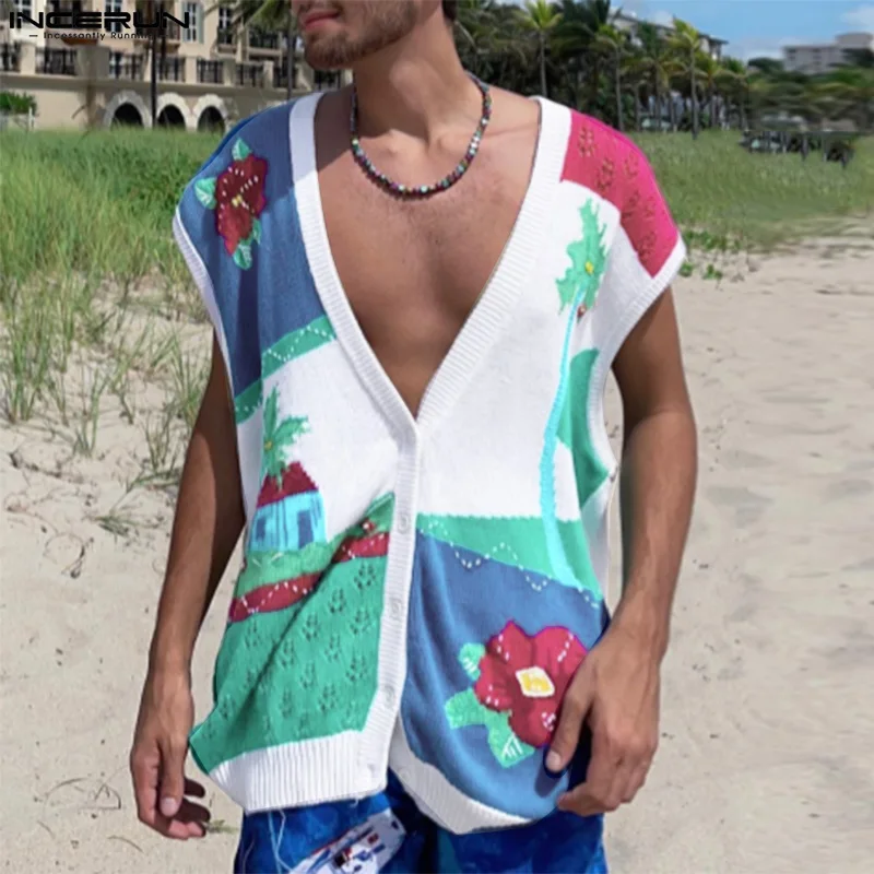 Мужская майка с принтом V-образным вырезом без рукавов на пуговицах