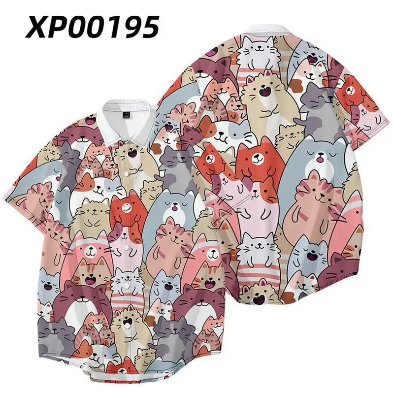 

Men's Casual Holiday Party Shirts Hawaiian Cute Cats Print Turn-down-collar Shirts Men Short Sleeve Quick Dry Beach Shirts