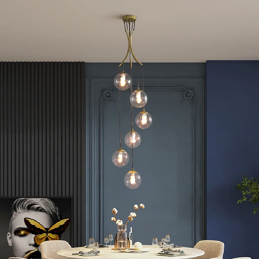 

Скандинавский подвесной светильник для столовой, золотистый современный светодиодный потолочный светильник E27 для дуплексной лестницы, до...