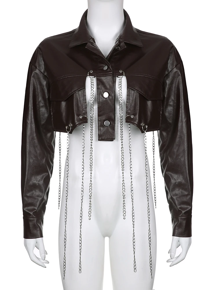 Женские кожаные куртки в стиле панк Rockmore с цепочками и кисточками укороченная