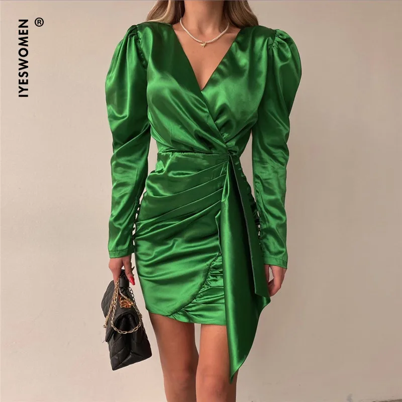 

IYESWOMEN 2022 Spring Green Bodycon Mini Dress Party Women Long Puff Sleeve Sexy Elegant Satin Dresses Club Black Vestidos Mujer