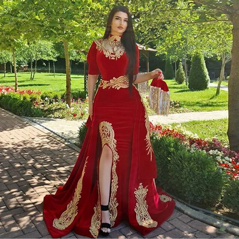 

Morocco Kaftan Evening Dress with Detachable Skirt Two Pieces Red Mermaid High Neck Velvet Formal Prom Gown Arabic Party Dress