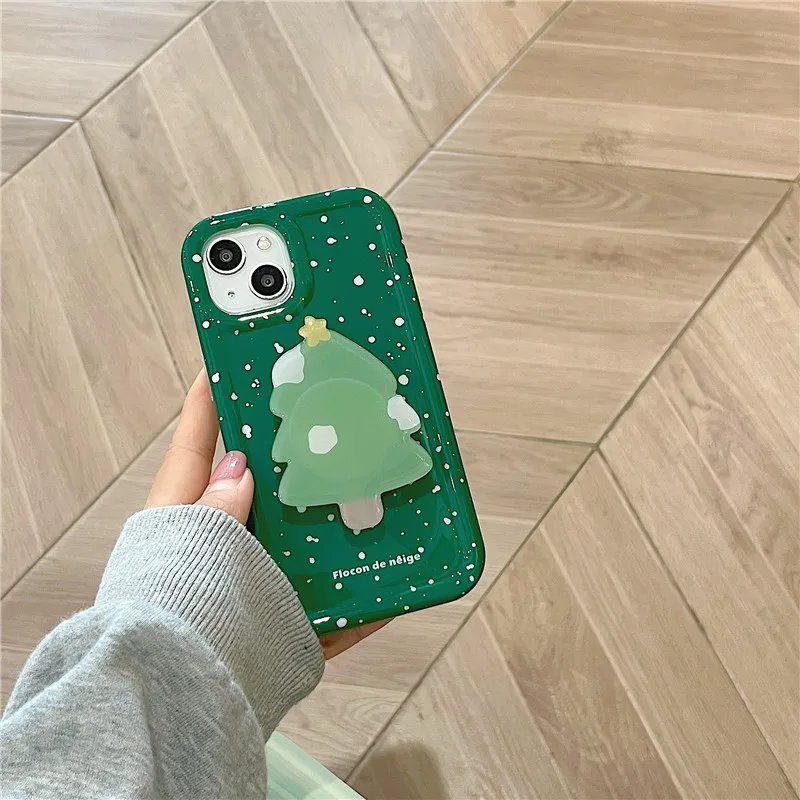 

Green Christmas Snowflakes Stand Holder Phone Case For iPhone 13 14 14Pro Silicone IMD Back Cover For 11 12 12Pro Max Coque Capa