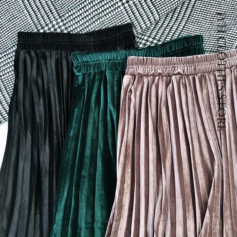 Осенне-зимняя женская золотистая бархатная длинная юбка корейские женские