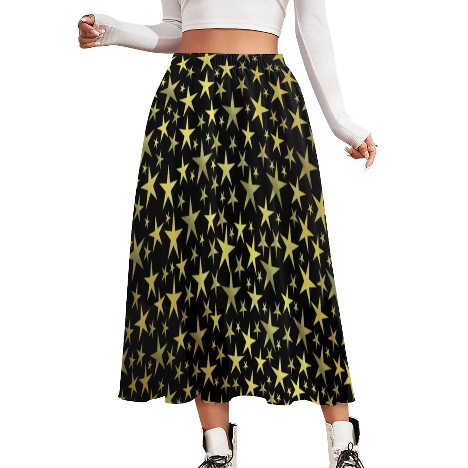 

Black Gold Star Skirt Bright Shiny Print Vintage Boho Skirts Elastic Waist Graphic Street Fashion Casual Skirt Big Size 3XL 3XL