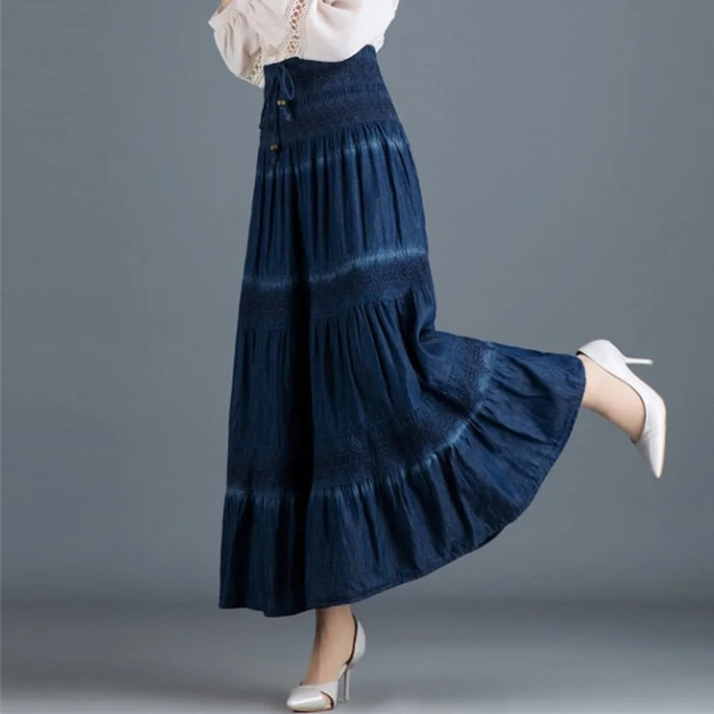 Jeans Skirts Long Women's Denim Maxi Casual Elastic High Waist Party Solid 2022 Summer Skirt Pleated Jupes Femininas Ropa Mujer