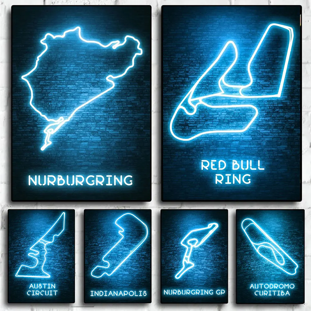 Новинка 2024 неоновый постер F1 формулы гоночной трассы и печать на холсте