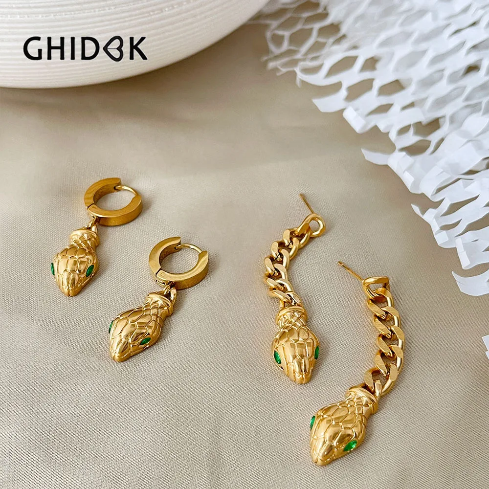 

GHIDBK Gold Plated Chunky Chain Snake Head Drop Earrings with Green Eye Statement Stainless Steel Serpent Jewelry Wholesale
