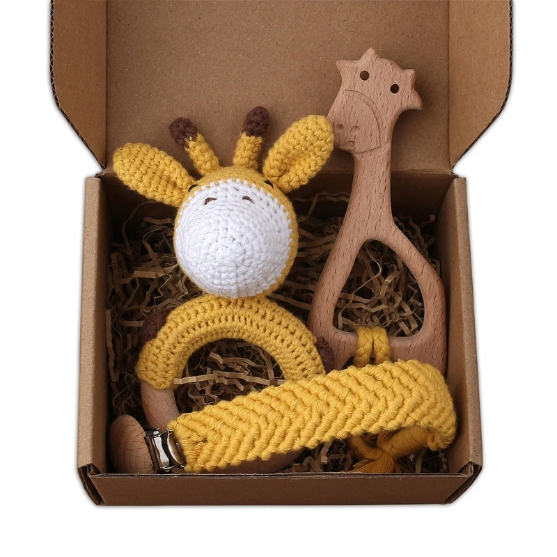 

1 Set Baby Newborn Knitted Deer Wooden Ring Teether+Pacifier Clip Chain Dummy Holder DIY Crochet Rattle Bracelet Soother