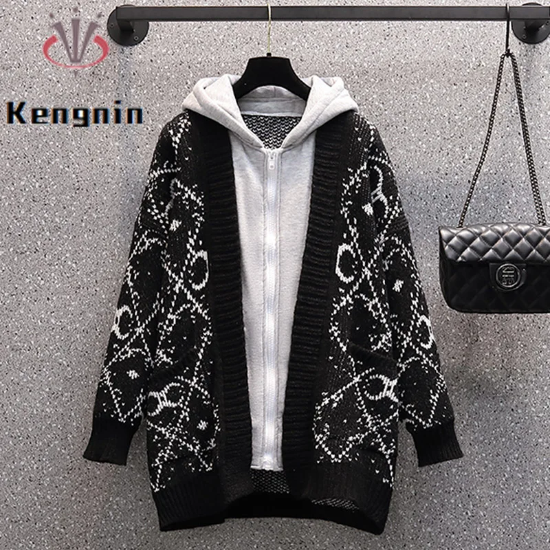 2022 Winter Thick Women Jackets Loose Plus Size Knitted Patchwork Hooded Hoodies Outerwear Casual Lady Sweater Cardigns KE3082