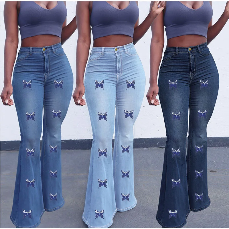 Butter Fly Print Indie Aesthetic Flare Jeans 5XL Vintage Y2K Stretchy Skinny Melody Denim Pants Wide Leg Bell Bottoms Oversize