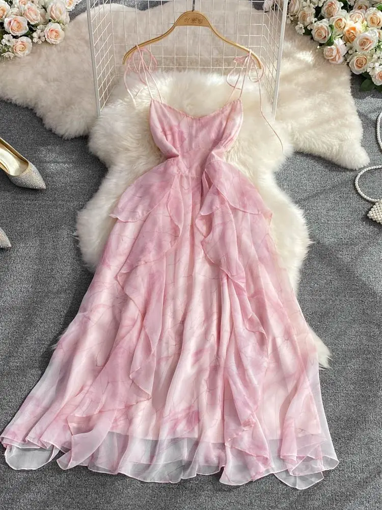 

Женское платье с оборками, элегантное розовое платье средней длины с оборками на тонких бретельках, без рукавов, лето 2019