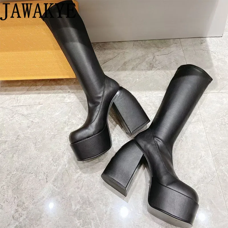 

Сапоги женские на платформе и высоком массивном каблуке, до середины икры, эластичные облегающие кожаные сапоги на толстой подошве, пикантные модные недельные ботинки челси