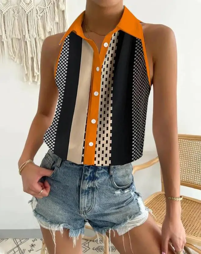 

Top Women 2023 Summer Fashion Colorblock Contrast Binding Button Front Casual Turn-Down Collar Sleeveless Shirt Top Y2K Clothes