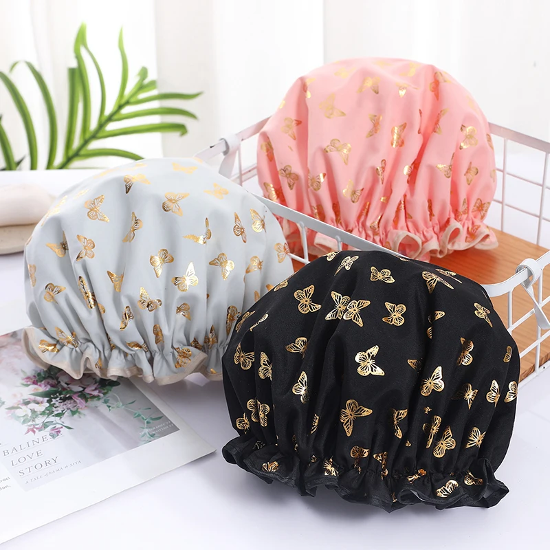 

1PC Waterproof Shower Cap Printed Bath Cap Double Layer Shower Hair Cover Women Supplies For Bathroom Shampoo Caps Bath Hat