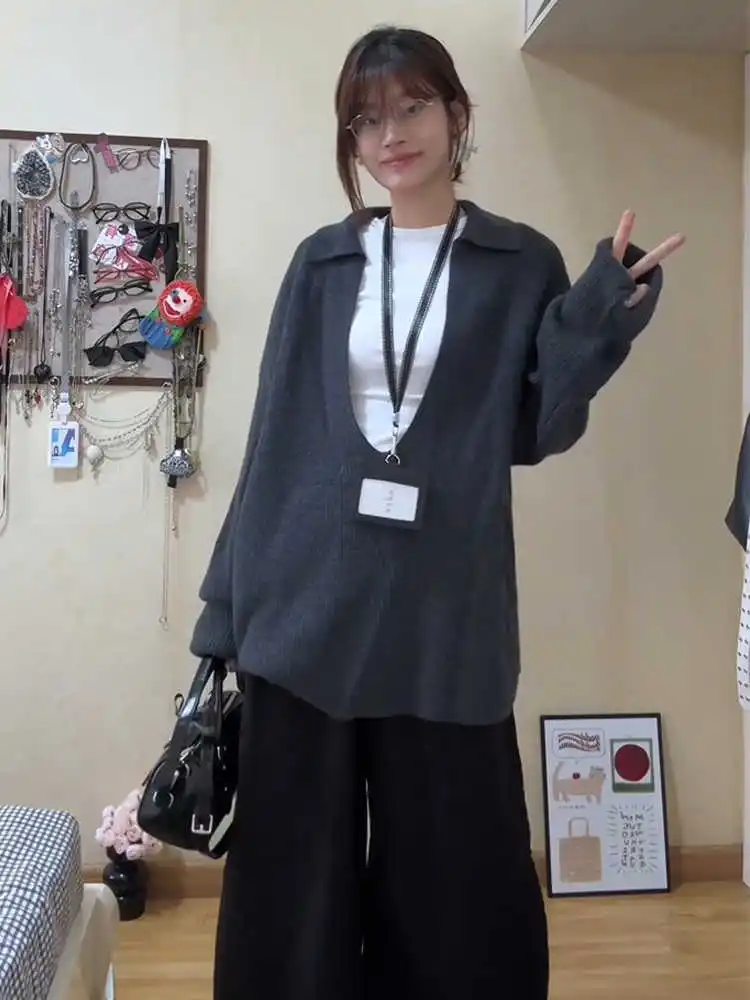 Женский свитер с U-образным воротником больших размеров Chubby Girl Idle Sle контрастного