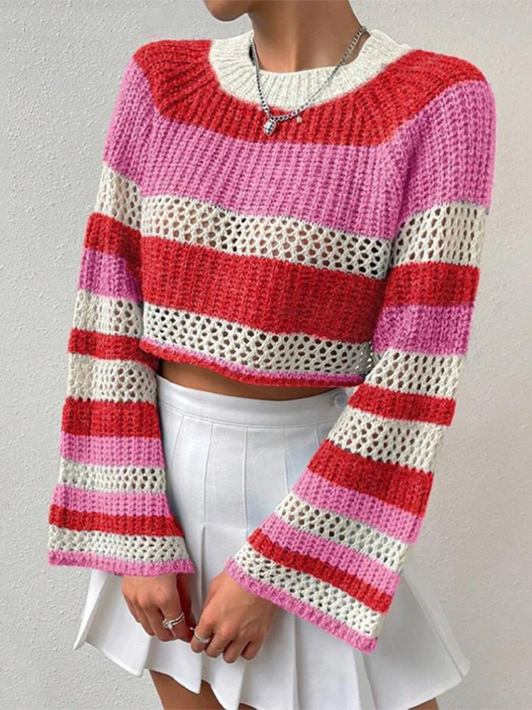 

Fashion Colorful Stripes Short Sweater Women Sexy Hollow Out O Neck Long Sleeve Knit Pullover 2023 Autumn Chic Female Streetwear