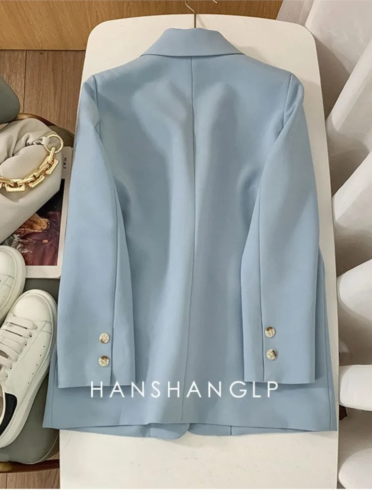 Spring Autumn Fashion Long Sleeve Blazer Women Temperament Solid Lapel Blue Single-Breasted Jacket Office Lady Coat
