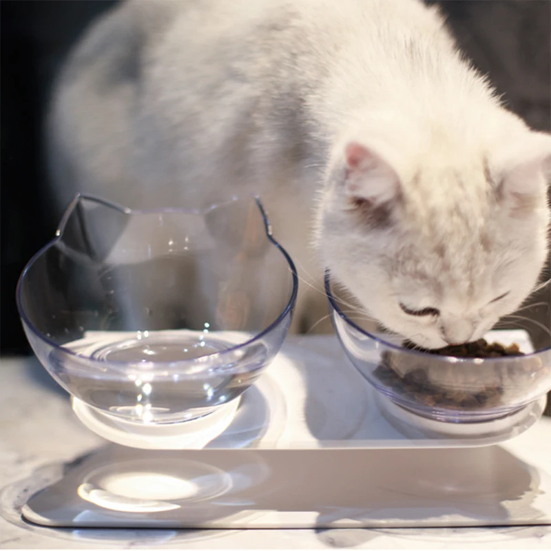 

Cat Food Bowl Automatic Feeder Pet Double Bowl Dispenser Food Container Drinking Raised Stand Dish Pet Waterer Bowl Feeder