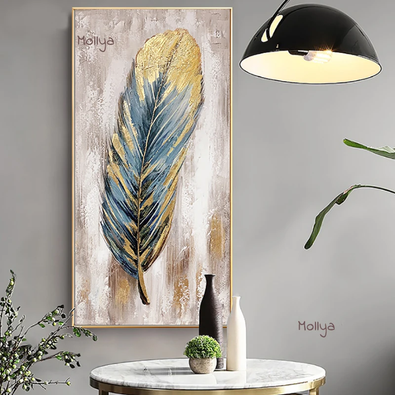 

New One Piece Home Decor Hand Painted Gold Blue Feather Oil On Canvas Paintings For Living Room Modern Abstract Wall Art Poster