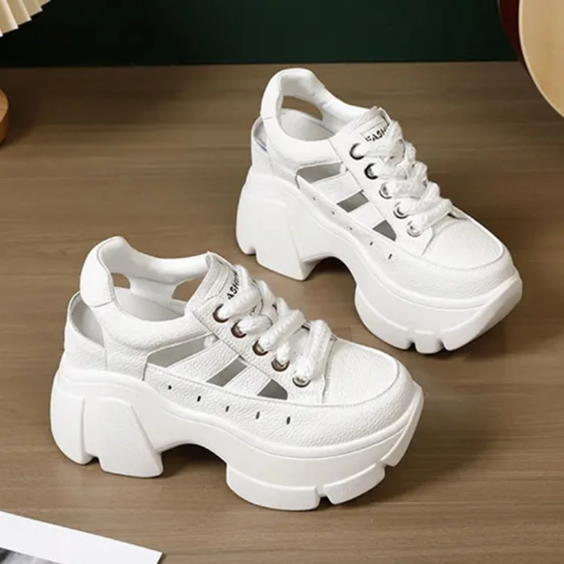 8.5cm Chunky Sneakers Genuine Leather Slides Summer Ankle Vulcanize Hollow Women Platform Sandals Wedge Breathable Female Shoes