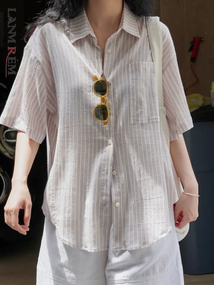 

LANMREM Casual Shirt For Women Lapel Half Sleeves Pocket Single Breasted Designer Striped Sunscreen Top Female Clothing 2XZ209