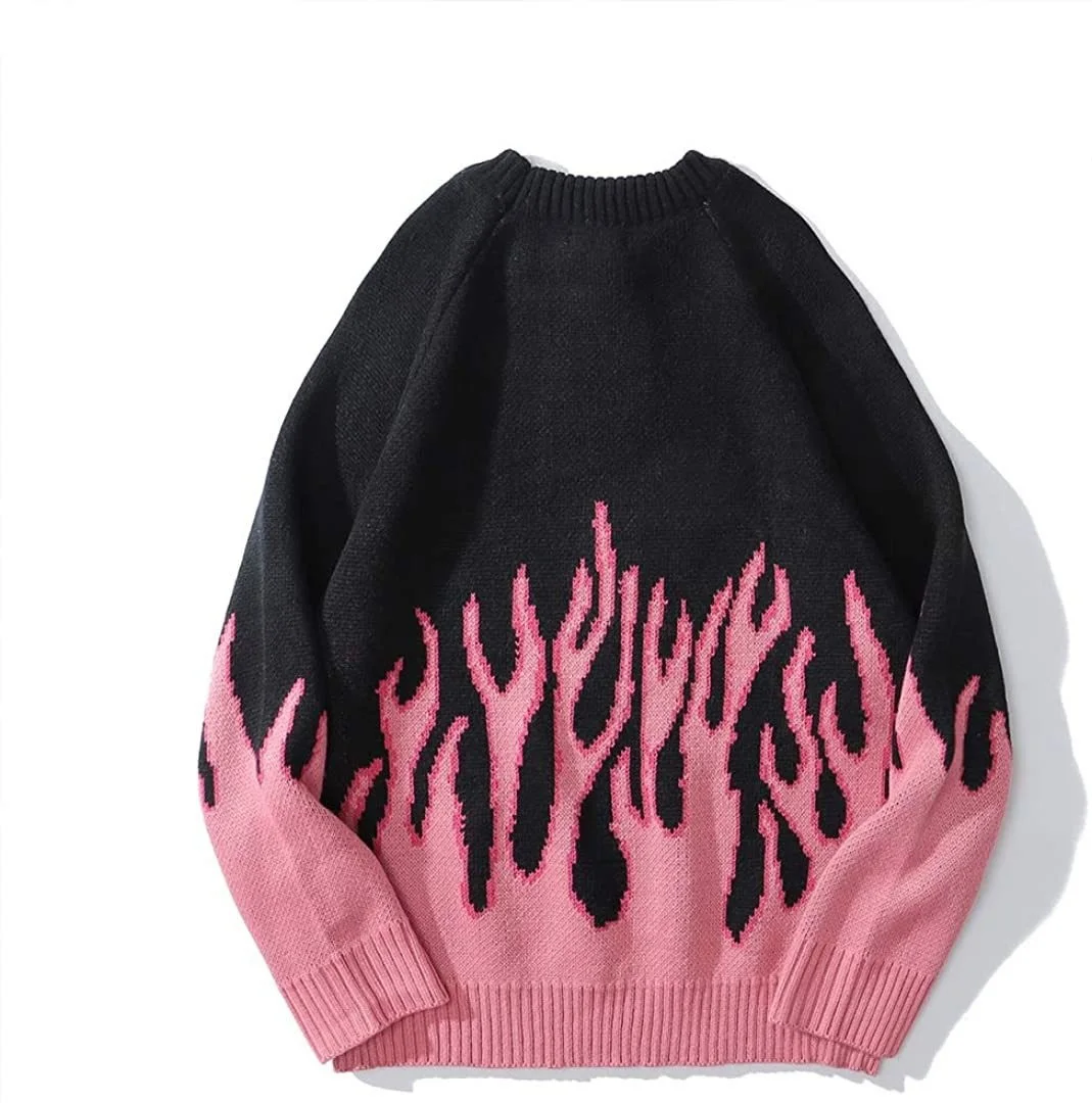 Men's Sweaters Streetwear Retro Women Pink Flame Knitted Pullover Sweater Tops Hip Hop New Pull Over Casual Harajuku Sweatshirts