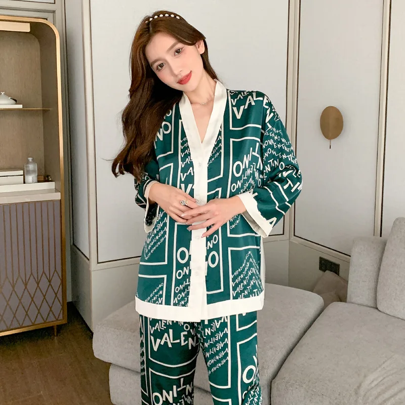 FALLINLAOE Printed Fashion Women Pajama Set Ice Silk Long Sleeve Suit Pyjamas Casual V-Neck Sleepwear