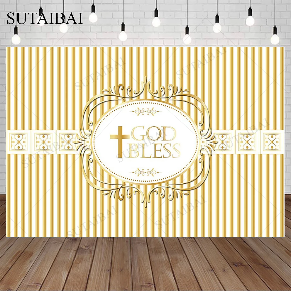 

First Holy Communion Golden Backdrop Holy Grail Bible Cross Stripe Texture Birthday Decor Photographic Background Photo Studio