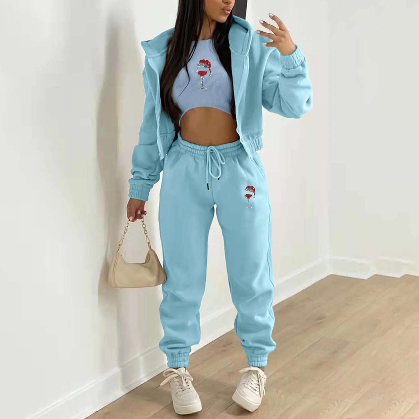 

Winter Streetwear 3 Pieces Sets Women Cropped Cardigan Hoodies +Leg Pants Versatile Christmas Autumn Casual Trousers Suit Female
