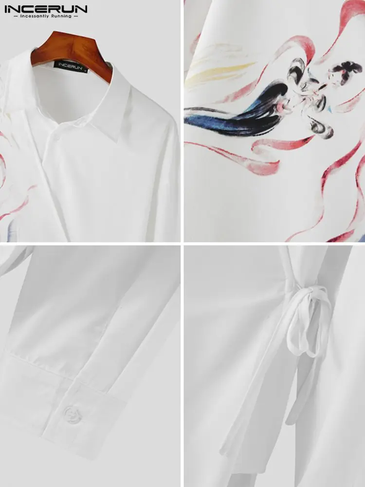 INCERUN Tops 2022 Chinese Style Men's Printing Shawl Blouse Casual Streetwear Male Fake Two Piece Loose Long Sleeve Shirts S-5XL