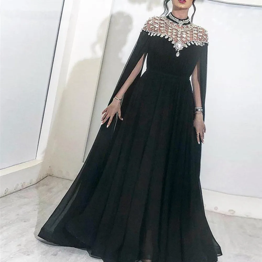 

Black Elegant Evening Dresses Full Sleeves Crystal High Neck Floor Length Party Dress Empire A-Line Women Formal Prom Gowns