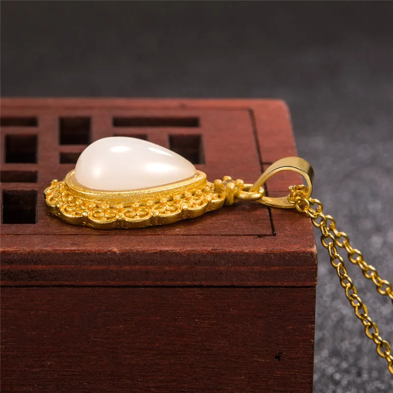 Женская позолоченная Ретро резная форма капли воды инкрустированная нефритовая