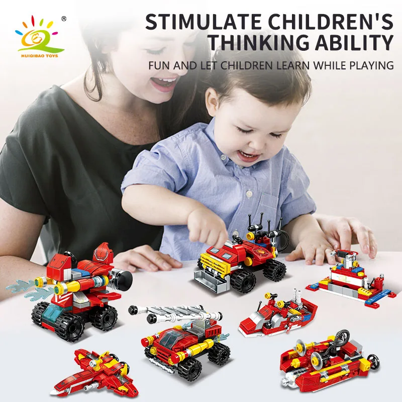 HUIQIBAO City Fire Fighting 8in1 Trucks Car Вертолет Лодка Строительные блоки Фигурки пожарных