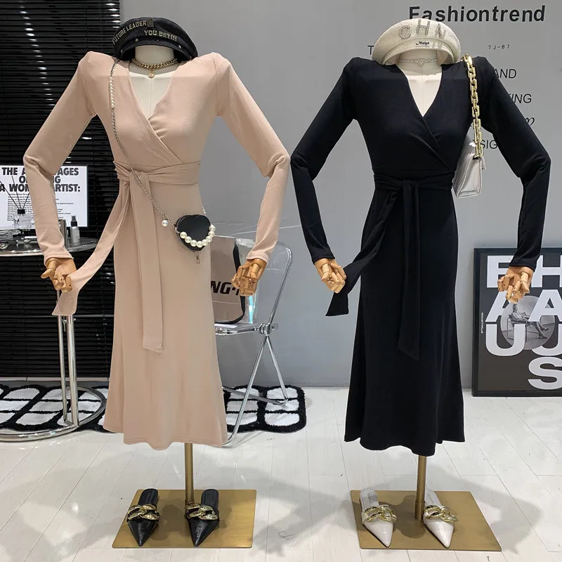 

New Women's Clothing 2022 Autumn Temperament Elastic V-neck bandage lace up Pleated Long Sleeve Slim Long Dress