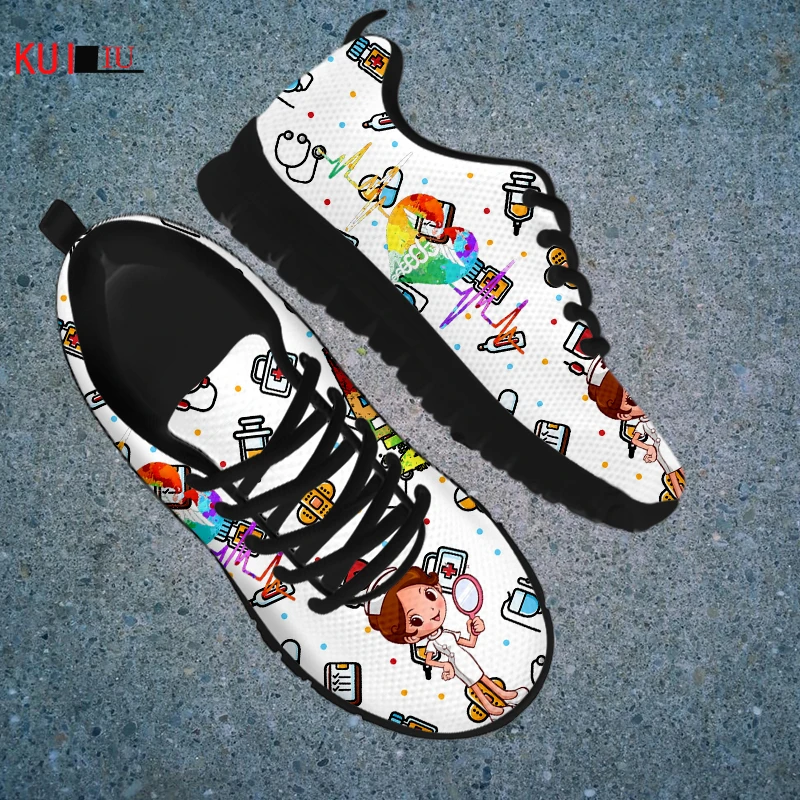 

KUILIU Nurse Cartoon Print Women Flats Sneakers Nursing Medical Design Autumn Lace Up Mesh Shoes Breathable Female Walking Shoe