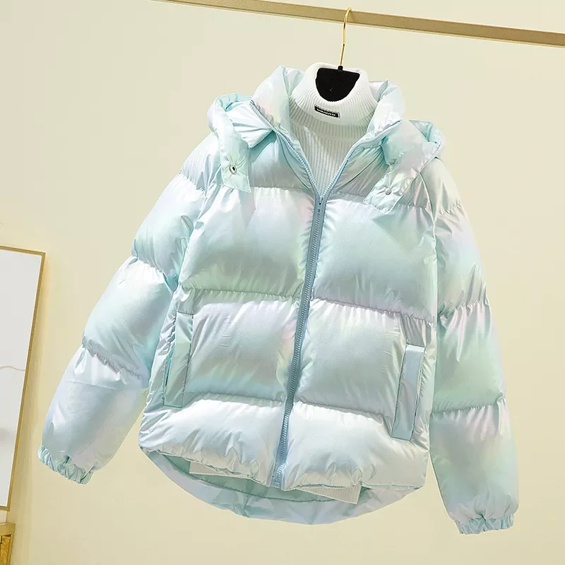 Cotton Jackets Korean Women Short Shiny Down Padded Parkas Loose Casual Warm Female Hooded Bread Cotton Coats LJ3381