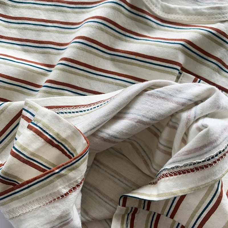 Fahion T Shirts Fashion Cotton Toddler T-shirt Unisex Tops 2022 Summer Baby Boys Girls Striped Tee Kids Pocket Clothes