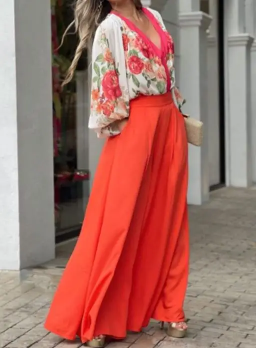 

Fashion Temperament Commuter Long-Sleeved Top High Waist Wide-Leg Pants Suit 2023 Spring Women's Loose Pants Set Two Piece Suit