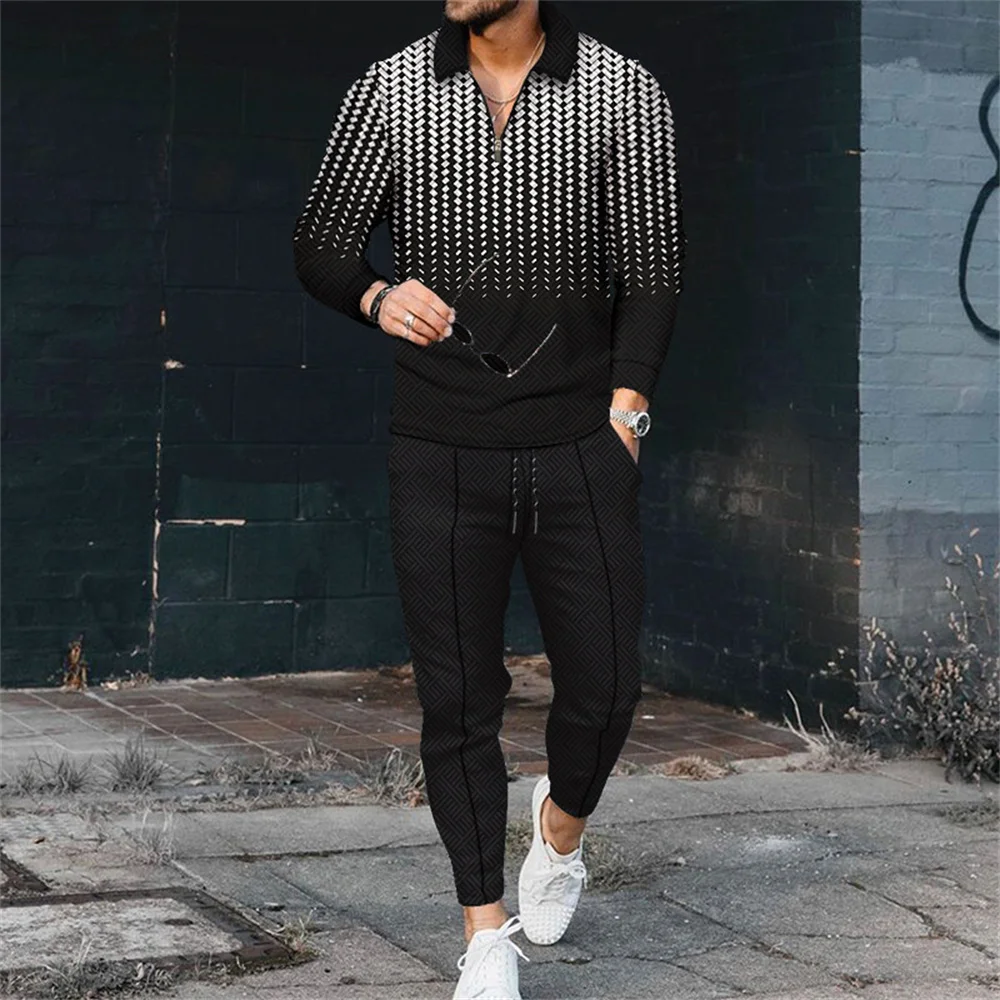 Men's high-quality sportswear Long sleeve zipper lapel T-shirt+trousers suit Men's casual street wear 2 sets Spring and Autumn