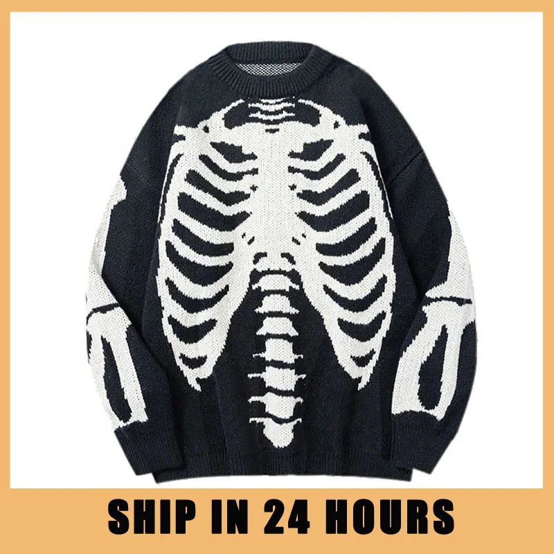 

Streetwear Oversized Knitted Sweaters Mens Vintage Skeleton Bone Printed Hip Hop Harajuku Patchwork Casual Pullover Unisex Black
