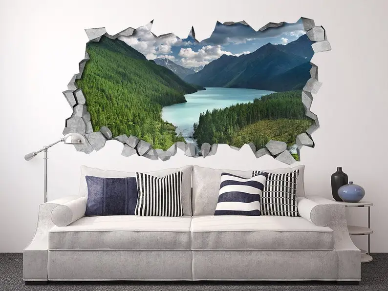 

River and Mountains - Broken Wall - 3d Wall Stickers - 3d Wall Art - Wall Sticker - Wall Decal - 3d Wallpaper - 3d wall decals -