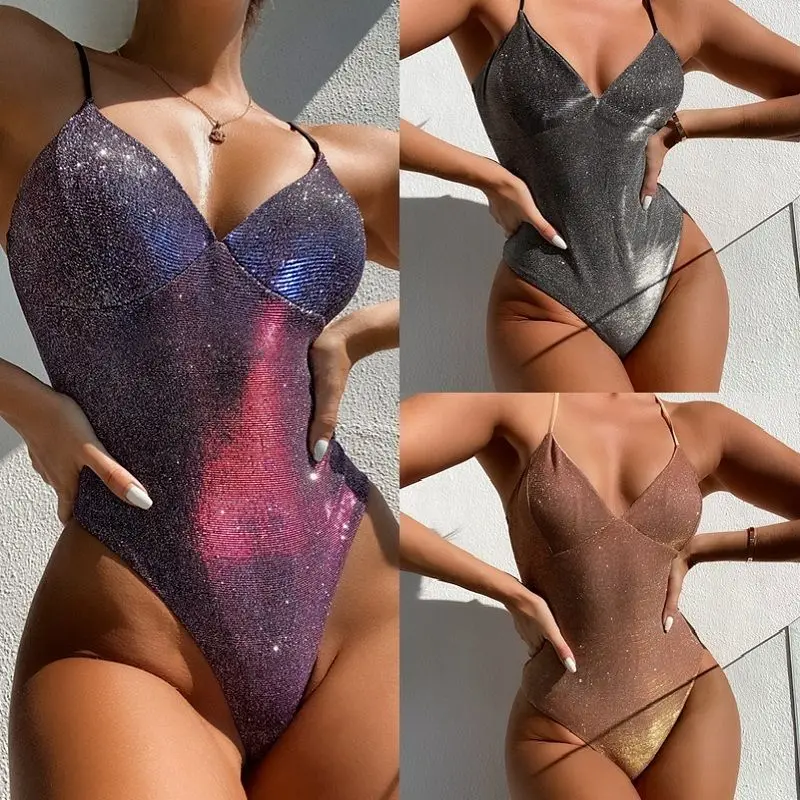 

Women One Piece Swimsuits 2023 Sparkling Sexy Female Swimwear Hollow Out Beachweawr Bathing Suit Monokini Bodysuits