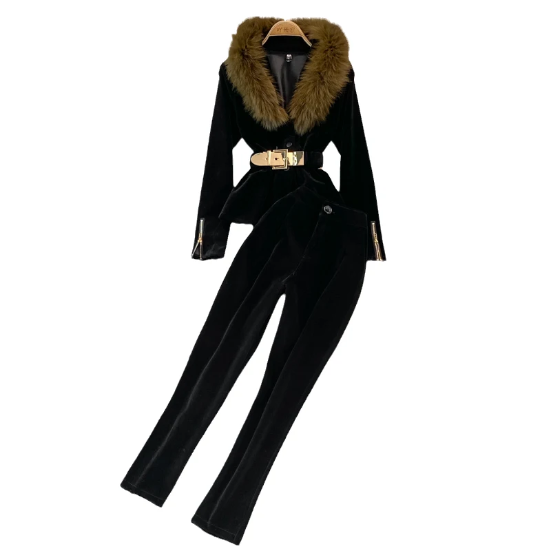 Fashion Suit Big Fur Collar Pleuche Coat Casual Waist Tight Short V-neck Top Two-Piece High Waist Skinny Pants enlarge